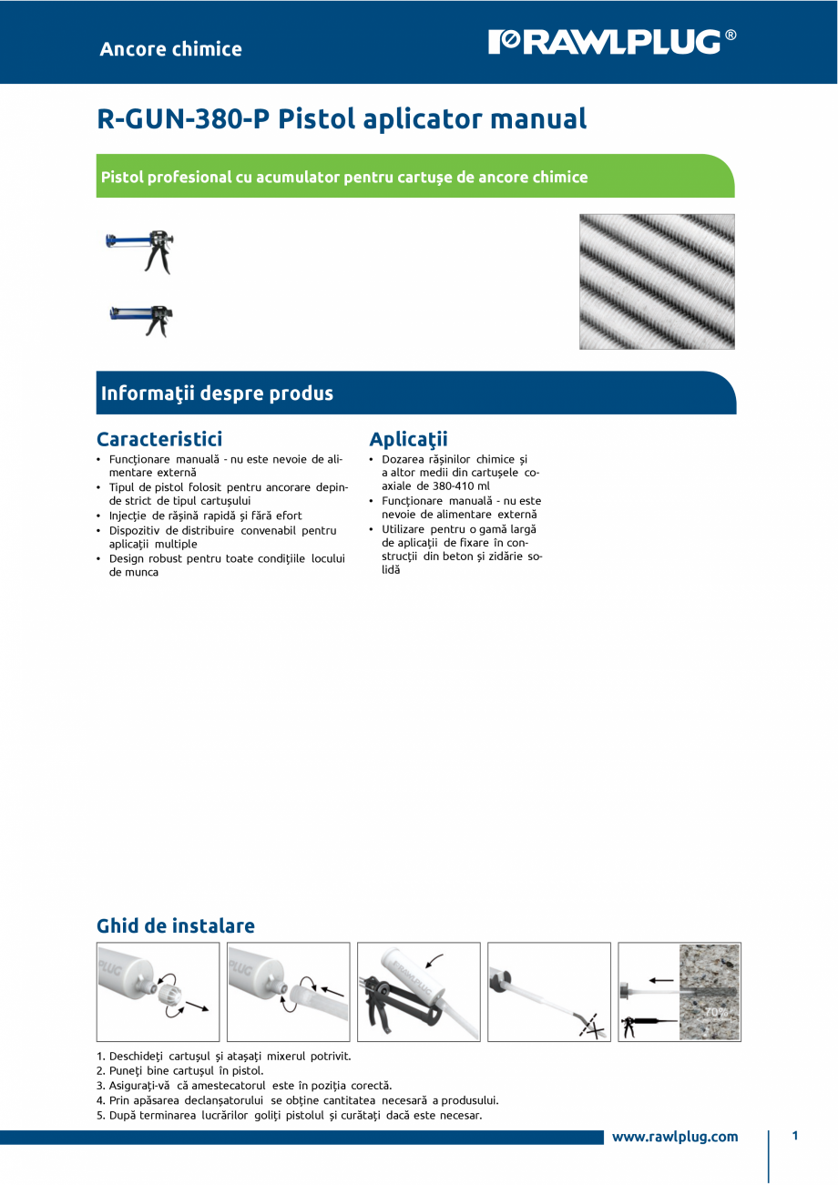 Pagina 1-Pistol profesional pentru cartuse de ancore chimice R-KEM-II, R-KER si R-KER-II RAWLPLUG R-GUN-380-P...