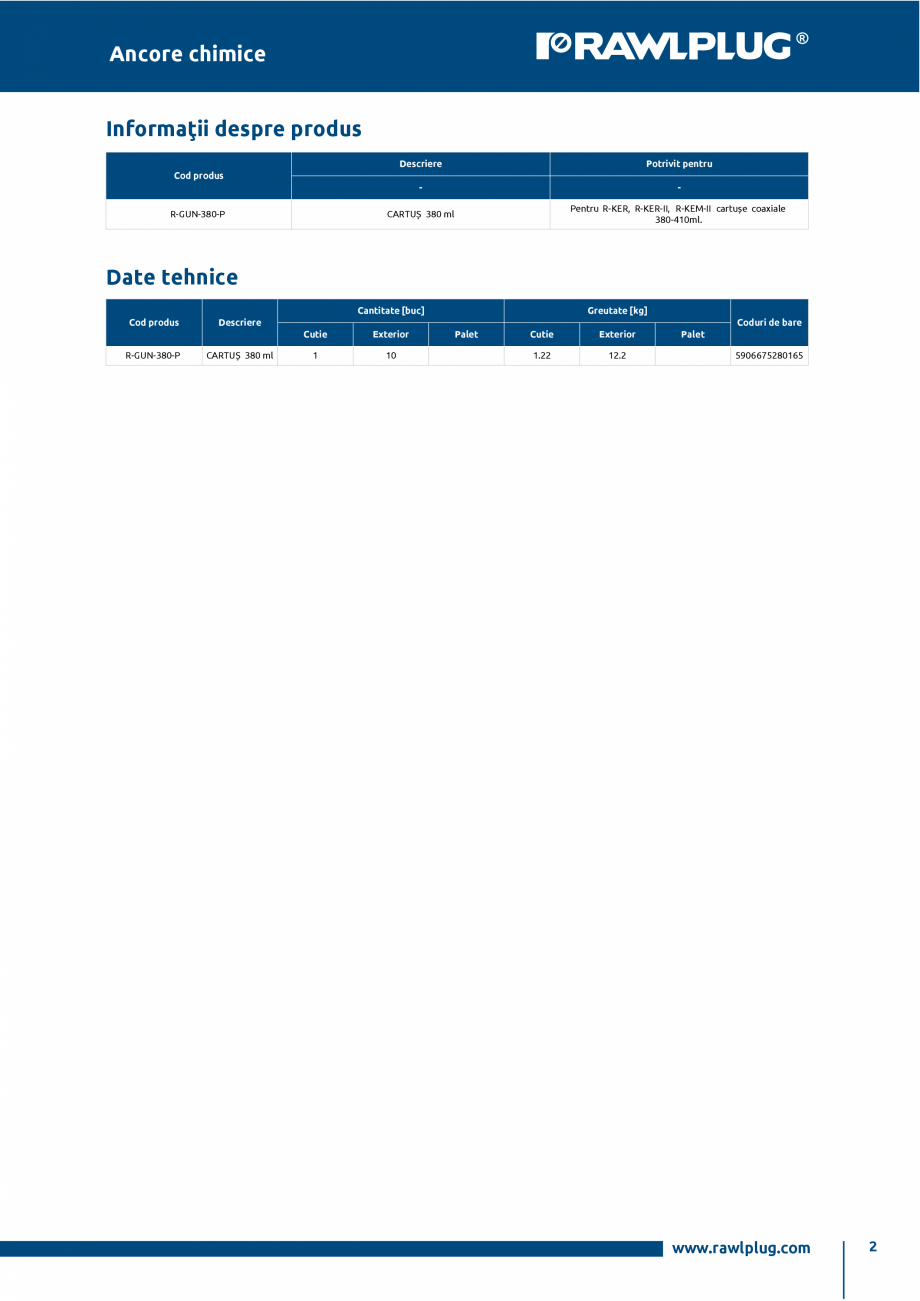 Pagina 2-Pistol profesional pentru cartuse de ancore chimice R-KEM-II, R-KER si R-KER-II RAWLPLUG R-GUN-380-P...