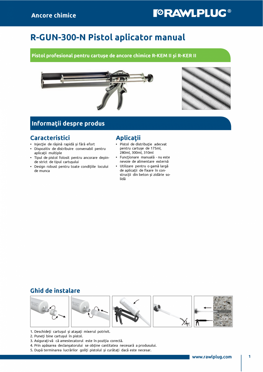 Pagina 1-Pistol profesional pentru cartuse de ancore chimice R-KEM II și R-KER II RAWLPLUG R-GUN-300-N Fisa ...