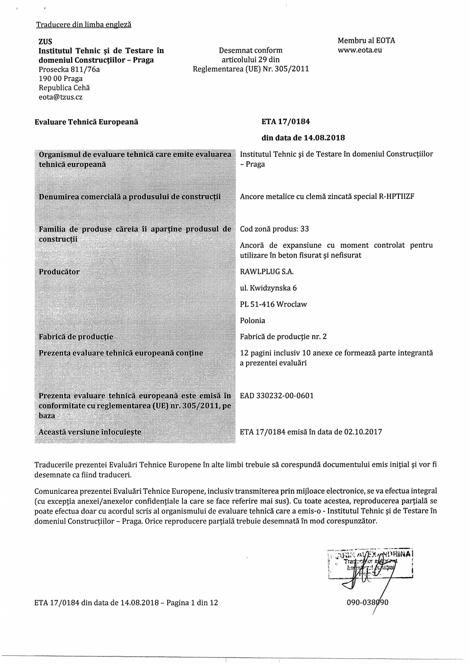 Pagina 1-Certificat ETA 17-0184 pentru ancora expandabila RAWLPLUG R-HPTII-ZF Certificare produs Romana...