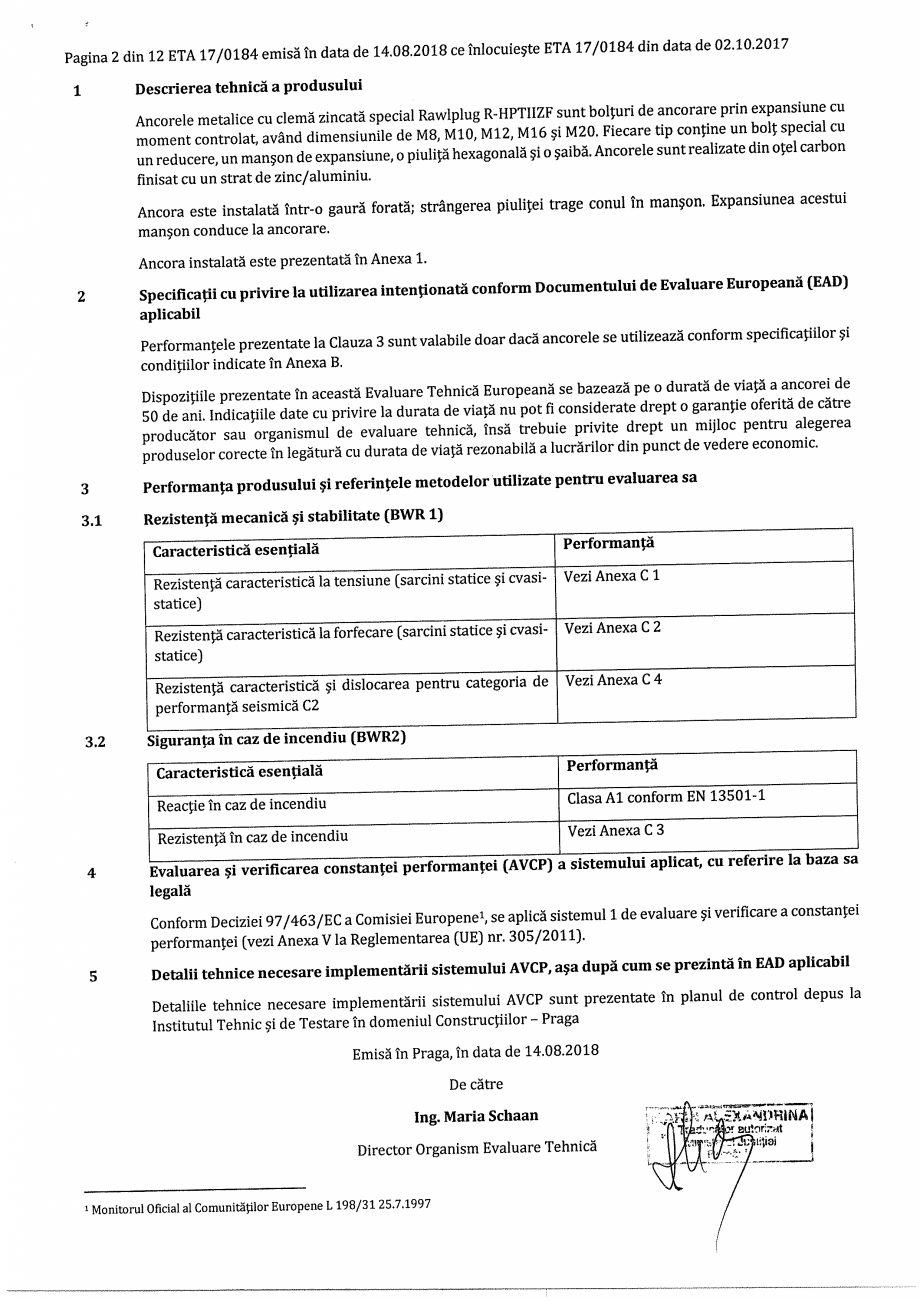 Pagina 2-Certificat ETA 17-0184 pentru ancora expandabila RAWLPLUG R-HPTII-ZF Certificare produs Romana 