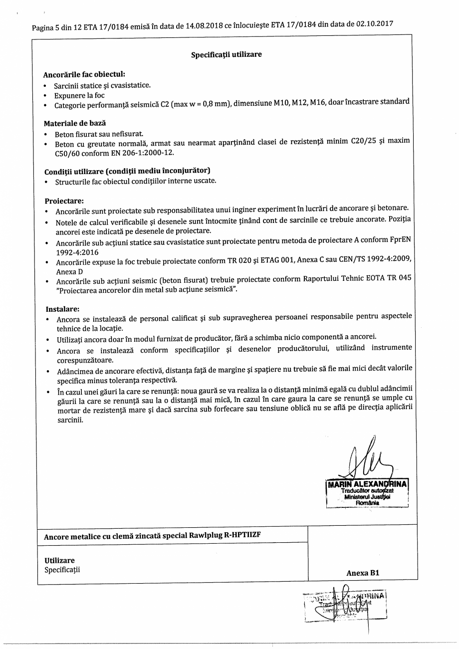 Pagina 5-Certificat ETA 17-0184 pentru ancora expandabila RAWLPLUG R-HPTII-ZF Certificare produs Romana 