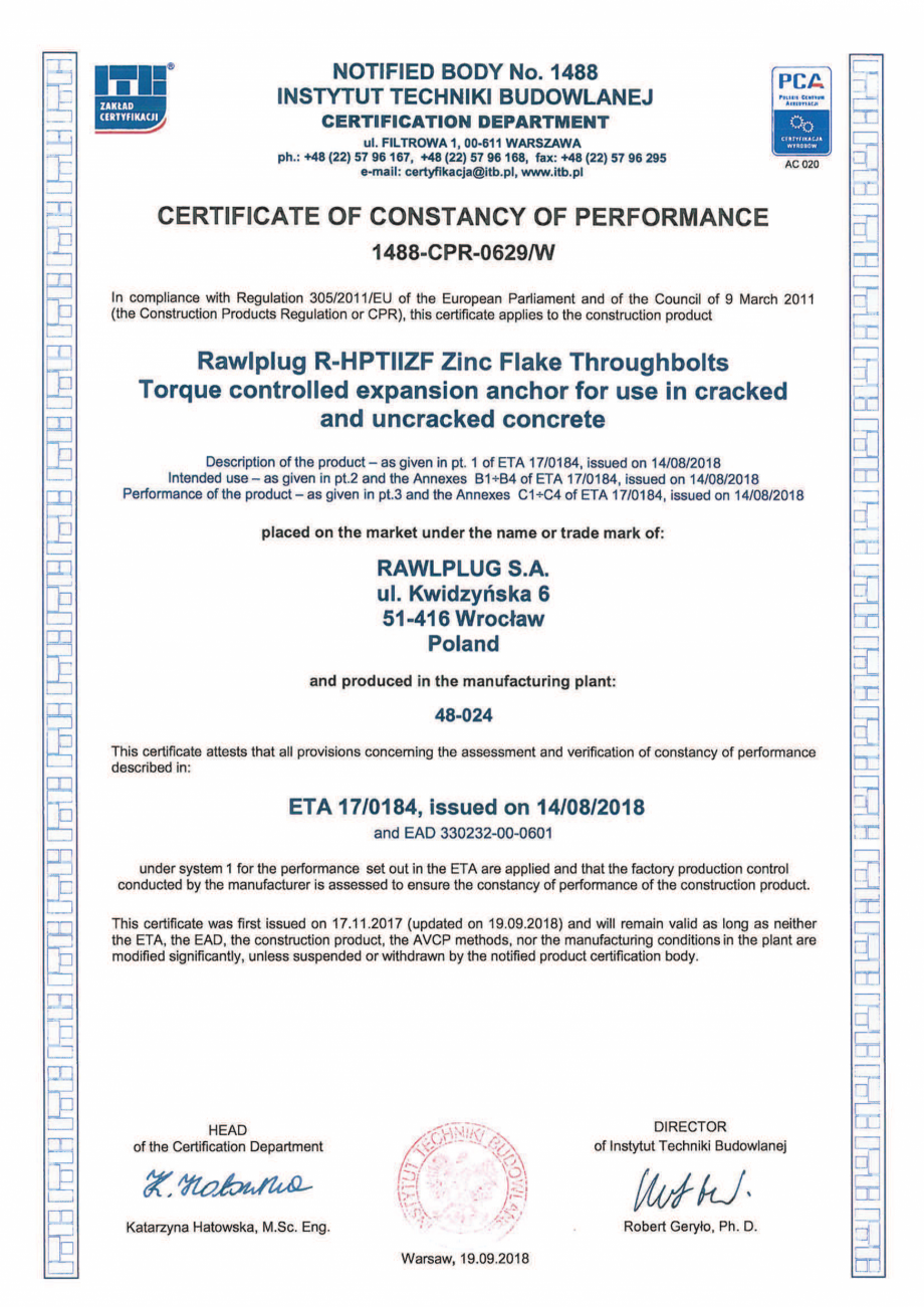 Pagina 1-Certificat de constanta a performantei pentru ancora expandabila RAWLPLUG R-HPTII-ZF Certificare...