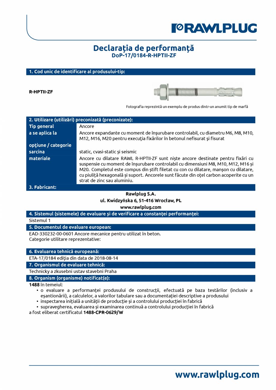 Pagina 1-Declaratia de performanta pentru ancora expandabila RAWLPLUG R-HPTII-ZF Certificare produs Romana...