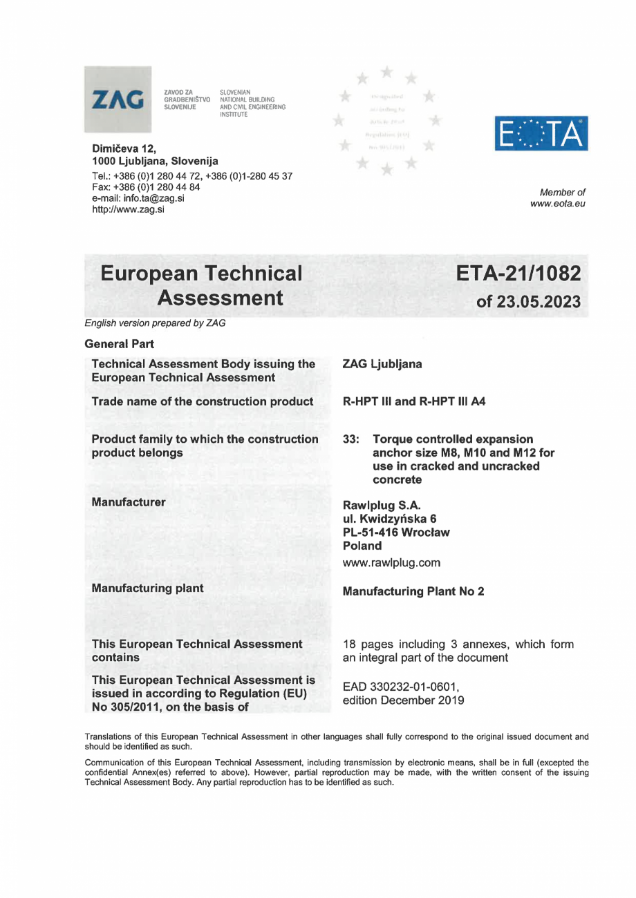 Pagina 1-Certificat  ETA 21-1082 pentru ancora expandabila RAWLPLUG R-HPTIII-ZP Certificare produs Engleza...