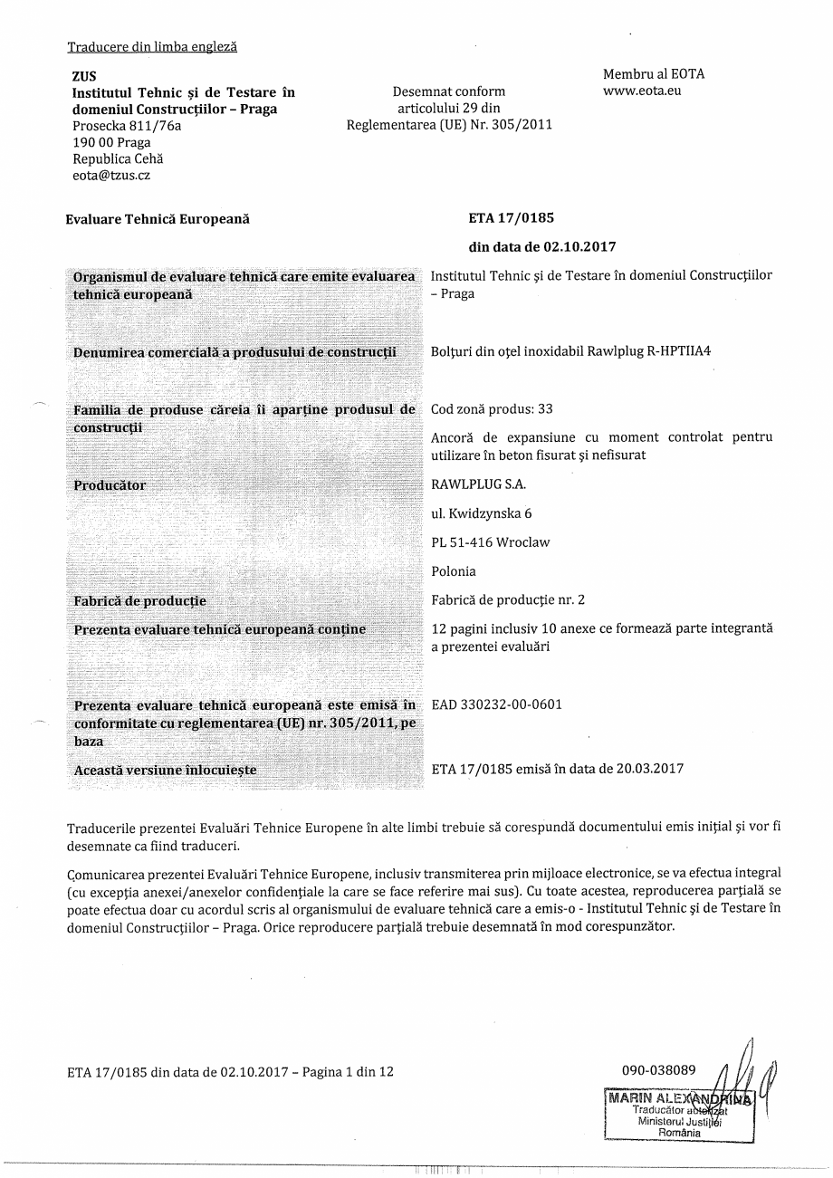 Pagina 1-Certificat ETA 17-0185 pentru ancora expandabila RAWLPLUG R-HPTII-A4 Certificare produs Romana...