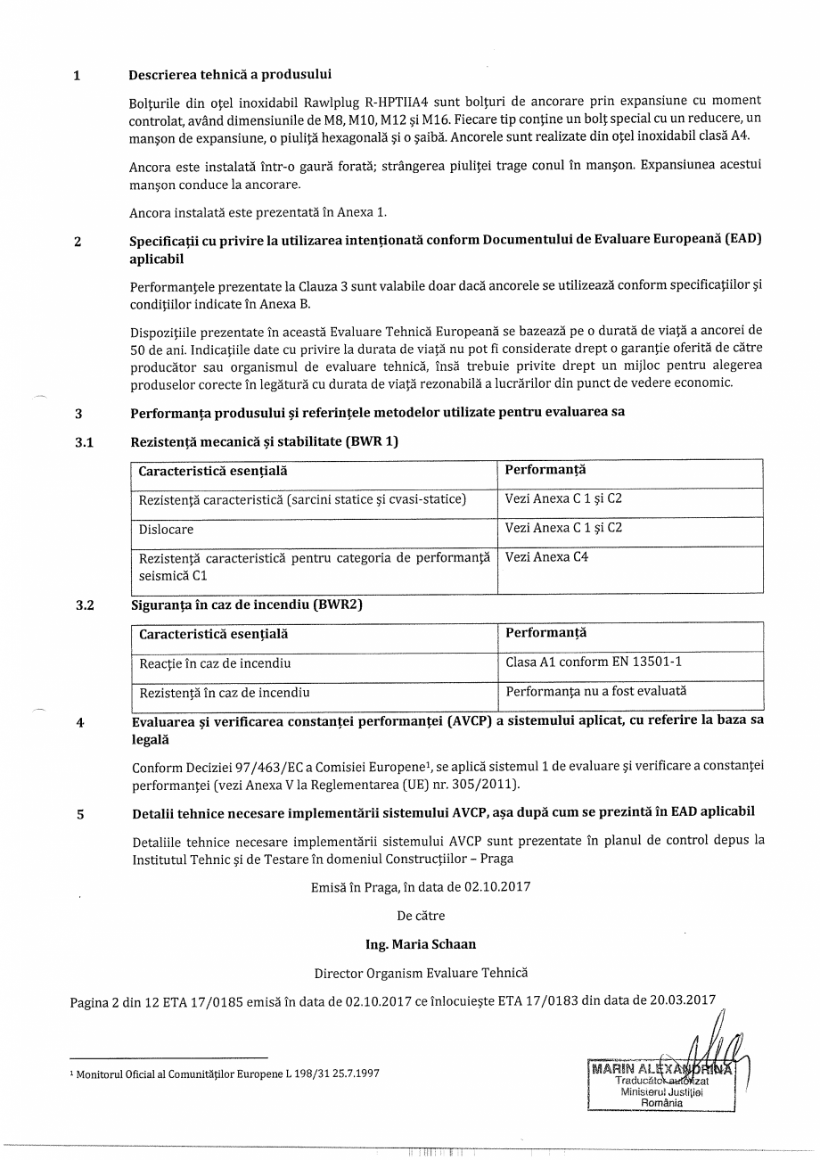 Pagina 2-Certificat ETA 17-0185 pentru ancora expandabila RAWLPLUG R-HPTII-A4 Certificare produs Romana 
