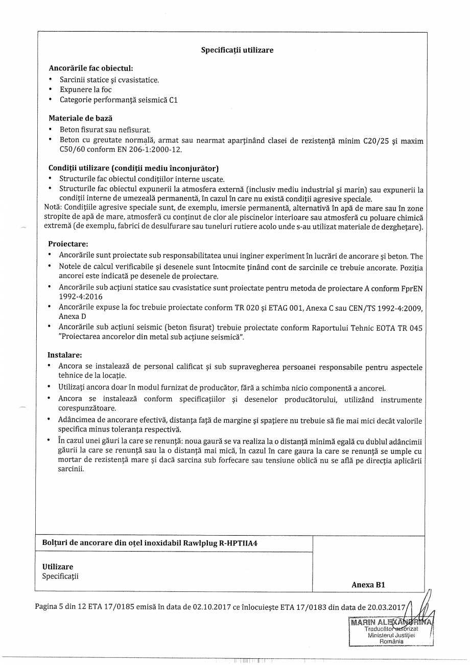 Pagina 5-Certificat ETA 17-0185 pentru ancora expandabila RAWLPLUG R-HPTII-A4 Certificare produs Romana 