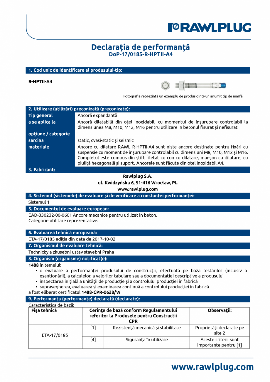 Pagina 1-Declaratia de performanta pentru ancora expandabila RAWLPLUG R-HPTII-A4 Certificare produs Romana...