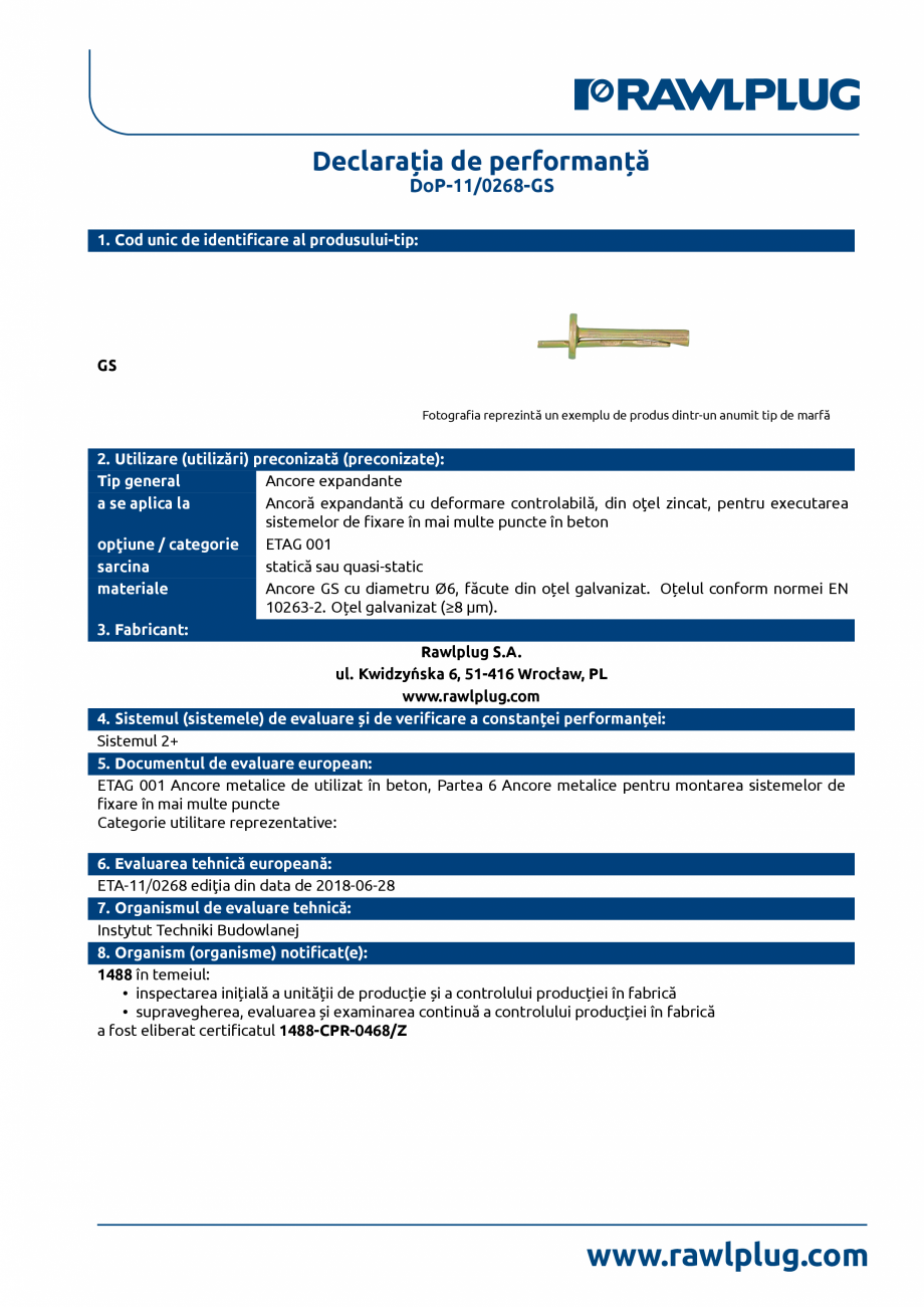 Pagina 1-Declarația de performanță pentru ancora expandabilă R-GS RAWLPLUG Certificare produs Romana...