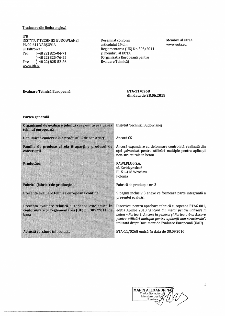 Pagina 1-Agrement ETA 11-0268 pentru ancora expandabila premium RAWLPLUG R-GS Certificare produs Romana...