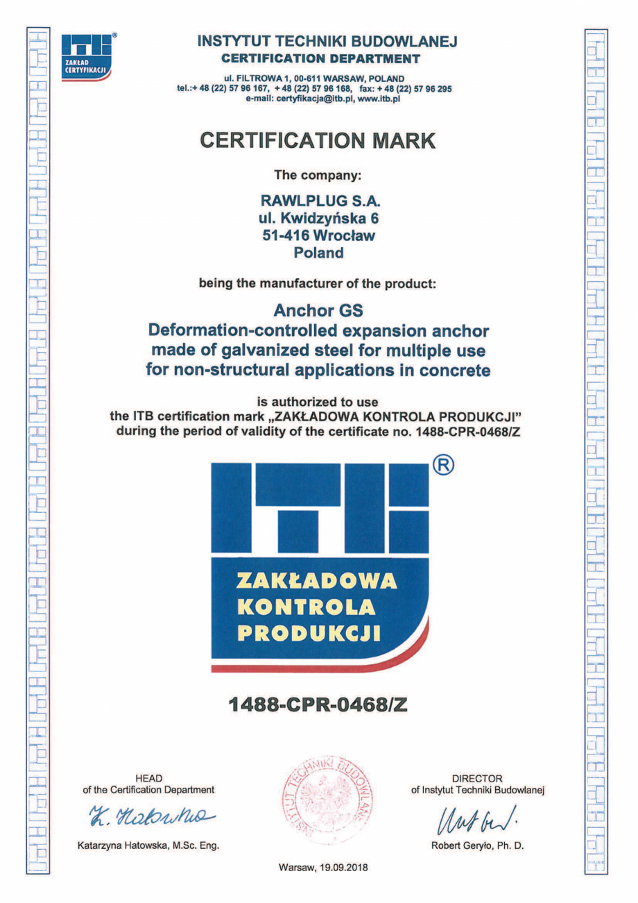 Pagina 2-Certificat de constanta a performantei pentru ancora expandabila RAWLPLUG R-GS Certificare produs...
