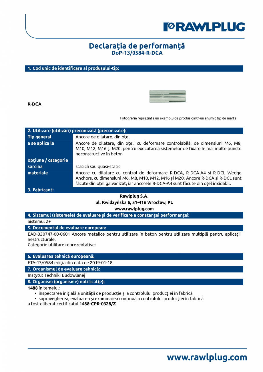 Pagina 1-Declaratia de performanta pentru ancora expandabila RAWLPLUG R-DCA Certificare produs Romana...