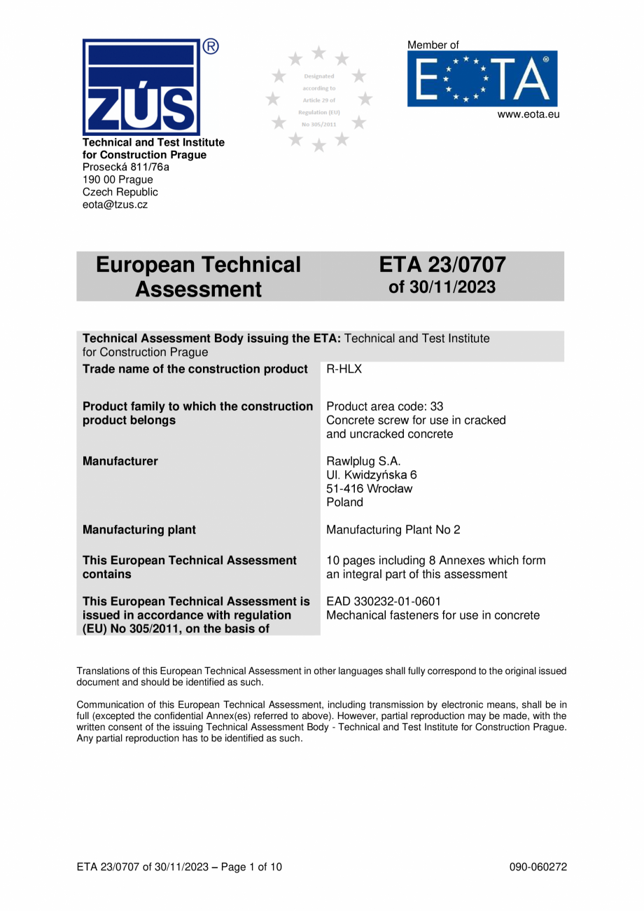 Pagina 1 - Agrement ETA 23-0707 pentru ancora surub R-HLX RAWLPLUG R-HLX-HF-ZF, R-HLX-CS-ZF...