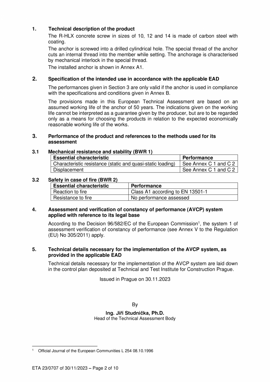 Pagina 2-Agrement ETA 23-0707 pentru ancora surub R-HLX RAWLPLUG R-HLX-HF-ZF, R-HLX-CS-ZF Certificare produs ...