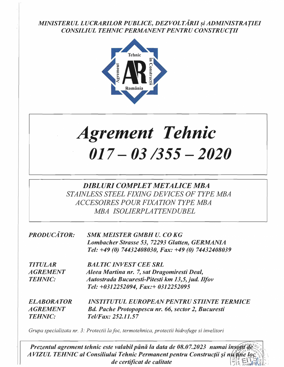 Pagina 3-Agrement AT 017-03-355-2020 pentru diblu MBA RAWLPLUG MKC Certificare produs Romana 
