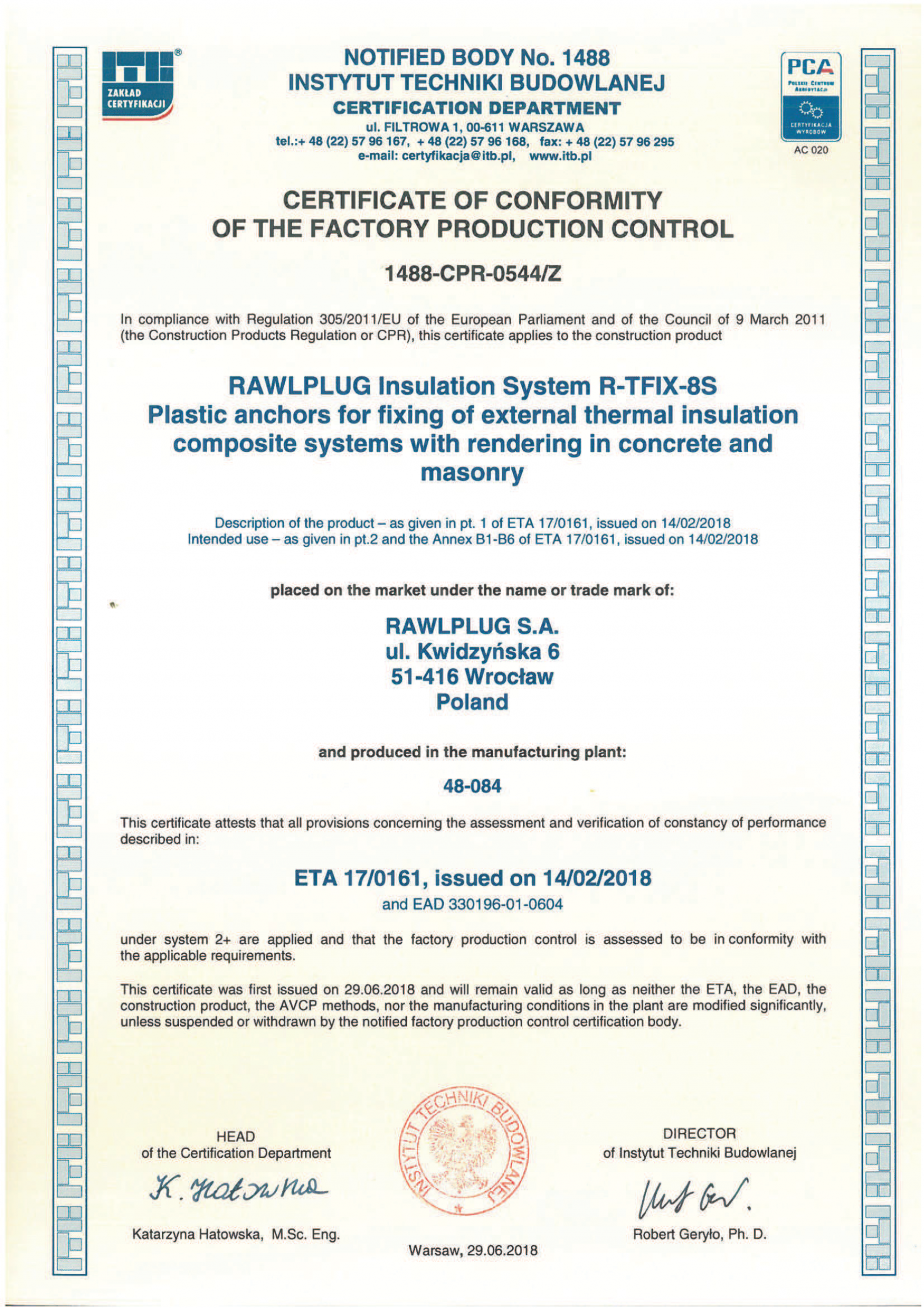 Certificat de constanta a performantei pentru diblu premium cu cui ...
