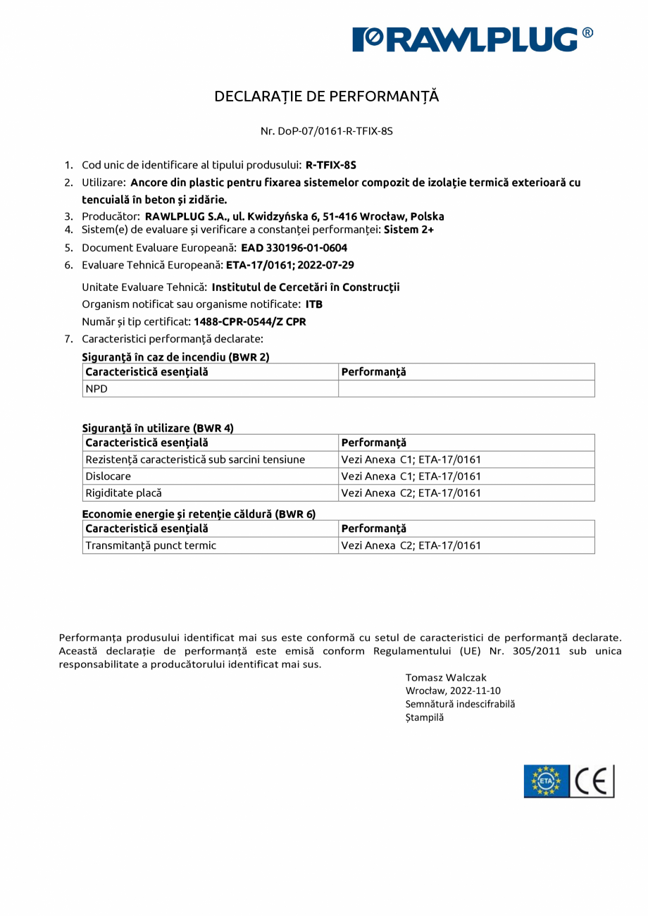 Pagina 1 - Declaratia de performanta pentru diblu premium cu cui metalic RAWLPLUG R-TFIX-8S...