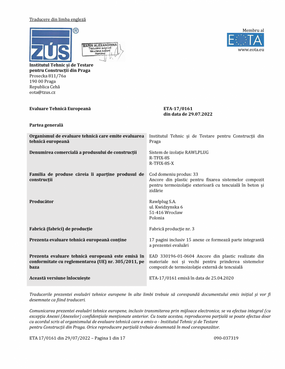 Pagina 1-Agrement ETA 17-0161 pentru diblu premium cu cui metalic RAWLPLUG R-TFIX-8SX, R-TFIX-8S Certificare ...