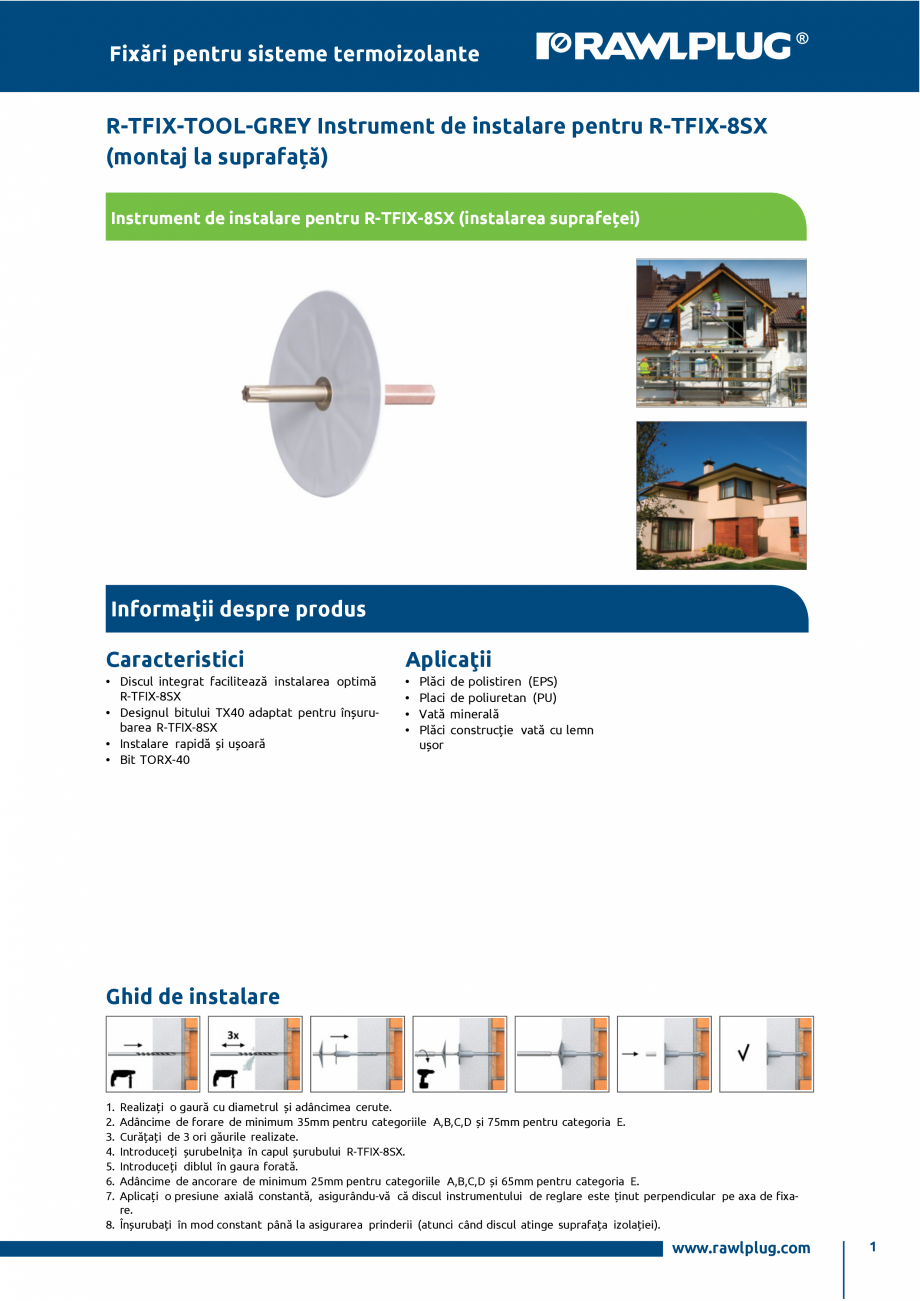 Pagina 1-Instrument de instalare pentru R-TFIX-8SX (montaj la suprafata) RAWLPLUG R-TFIX-TOOL-GREY Fisa...
