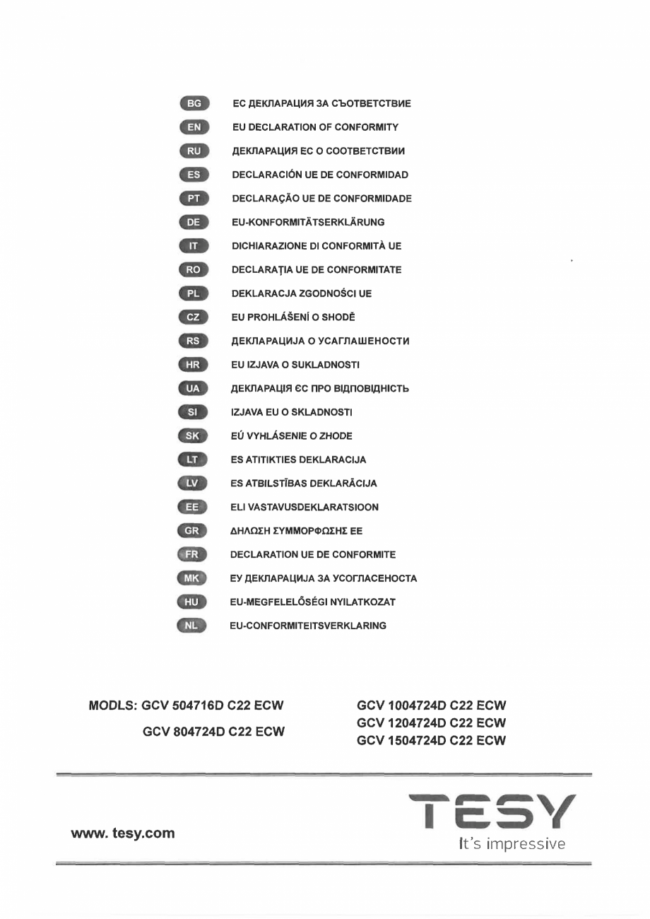 Pagina 1-Declaratie de conformitate pentru boiler electric ModEco Cloud TESY Certificare produs Engleza,...