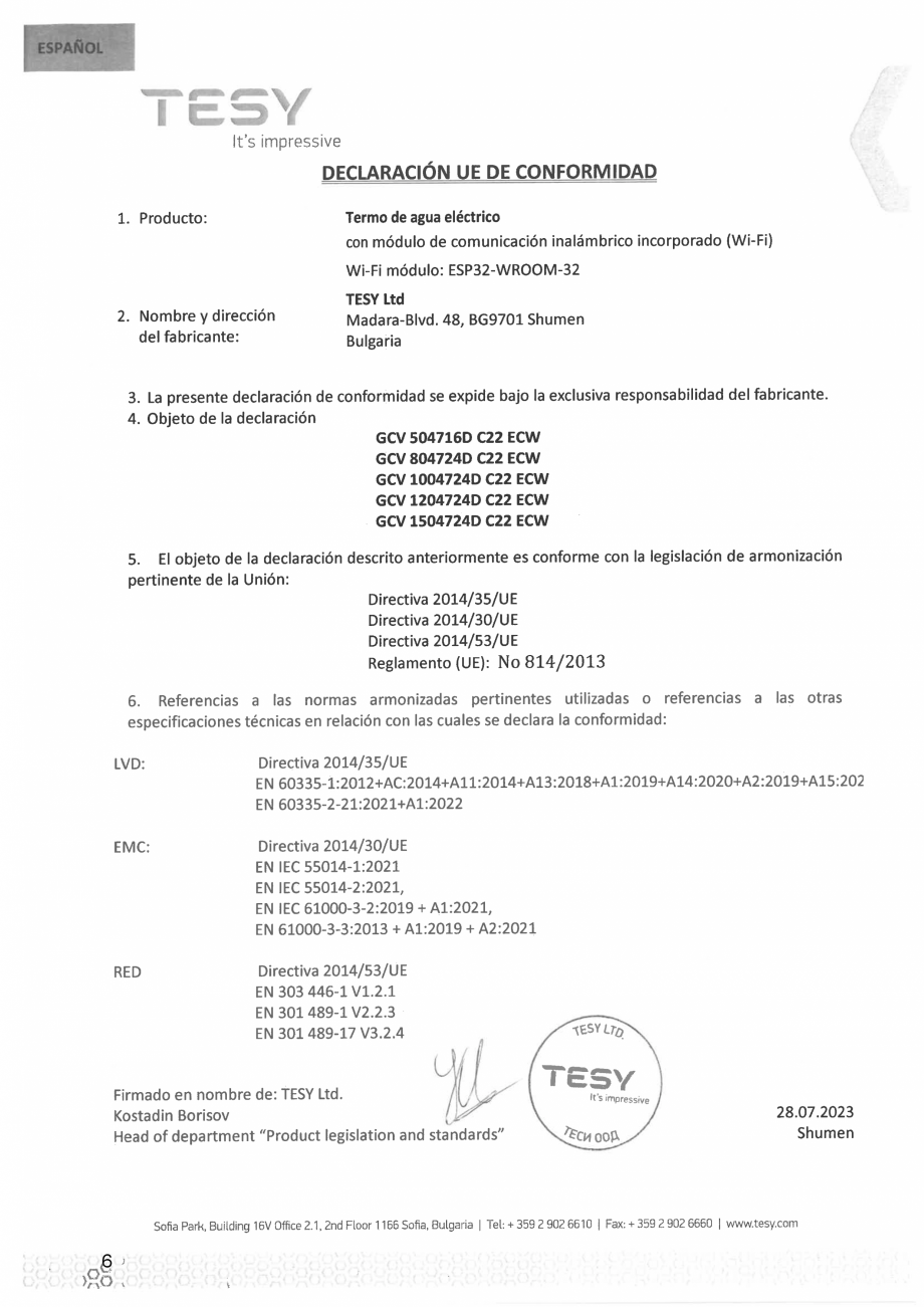Pagina 6 - Declaratie de conformitate pentru boiler electric ModEco Cloud TESY Certificare produs...