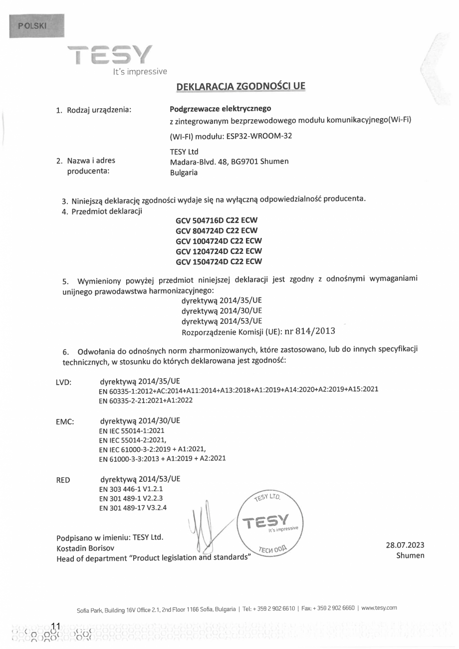 Pagina 11 - Declaratie de conformitate pentru boiler electric ModEco Cloud TESY Certificare produs...