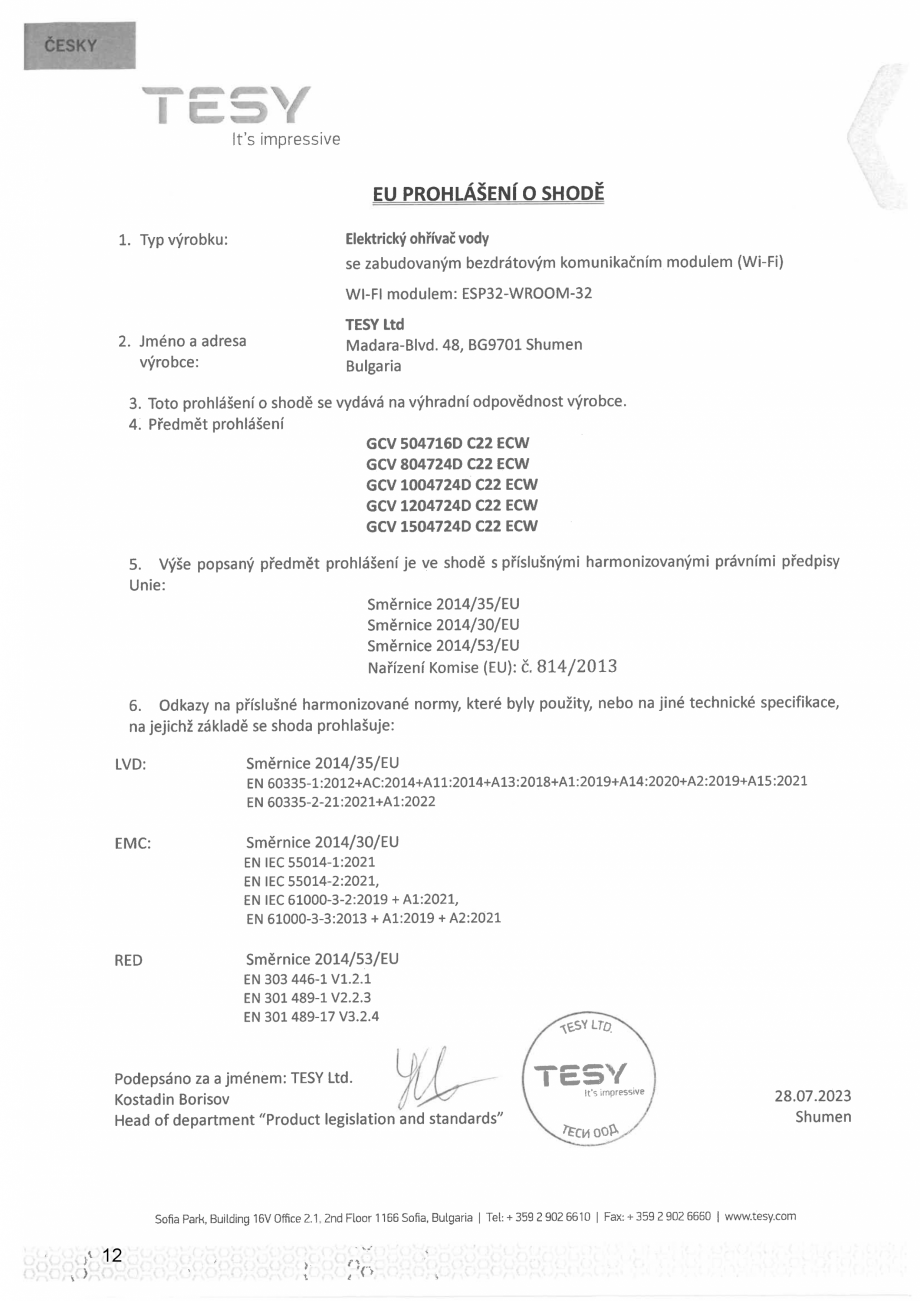 Pagina 12 - Declaratie de conformitate pentru boiler electric ModEco Cloud TESY Certificare produs...