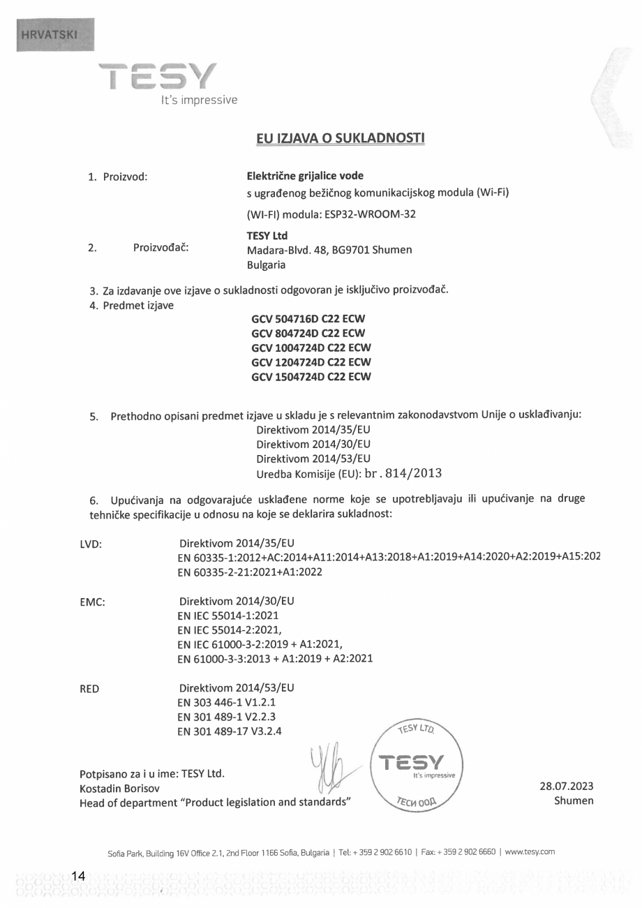 Pagina 14 - Declaratie de conformitate pentru boiler electric ModEco Cloud TESY Certificare produs...