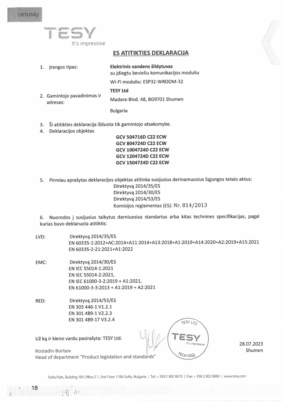 Pagina 18 - Declaratie de conformitate pentru boiler electric ModEco Cloud TESY Certificare produs...