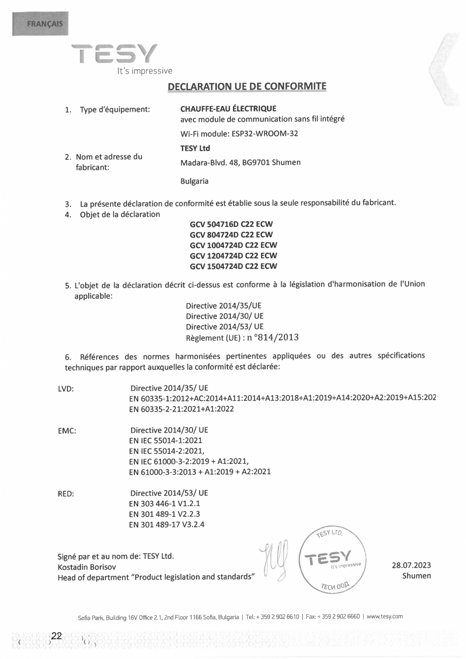 Pagina 22 - Declaratie de conformitate pentru boiler electric ModEco Cloud TESY Certificare produs...