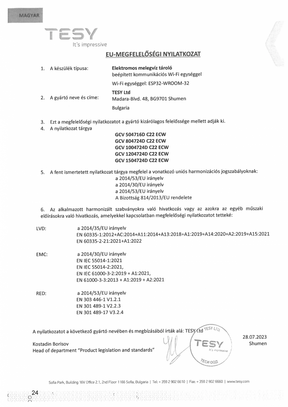 Pagina 24 - Declaratie de conformitate pentru boiler electric ModEco Cloud TESY Certificare produs...