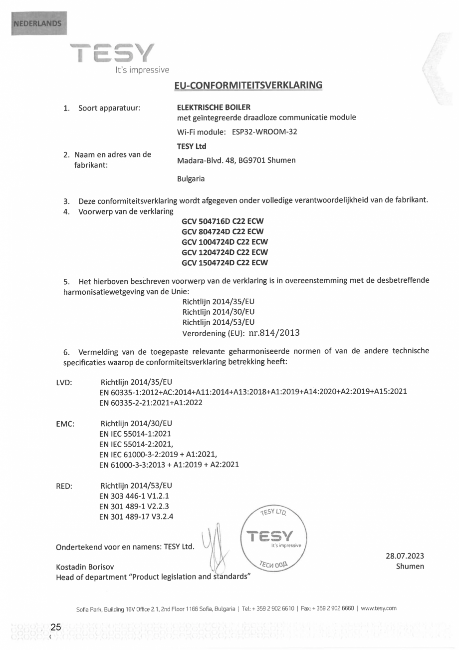 Pagina 25 - Declaratie de conformitate pentru boiler electric ModEco Cloud TESY Certificare produs...