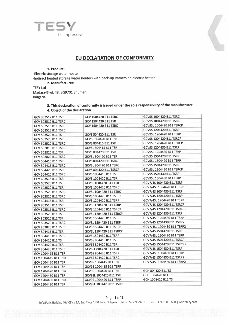 Pagina 1-Declaratie de conformitate pentru boiler electric BiLight TESY Certificare produs Engleza 