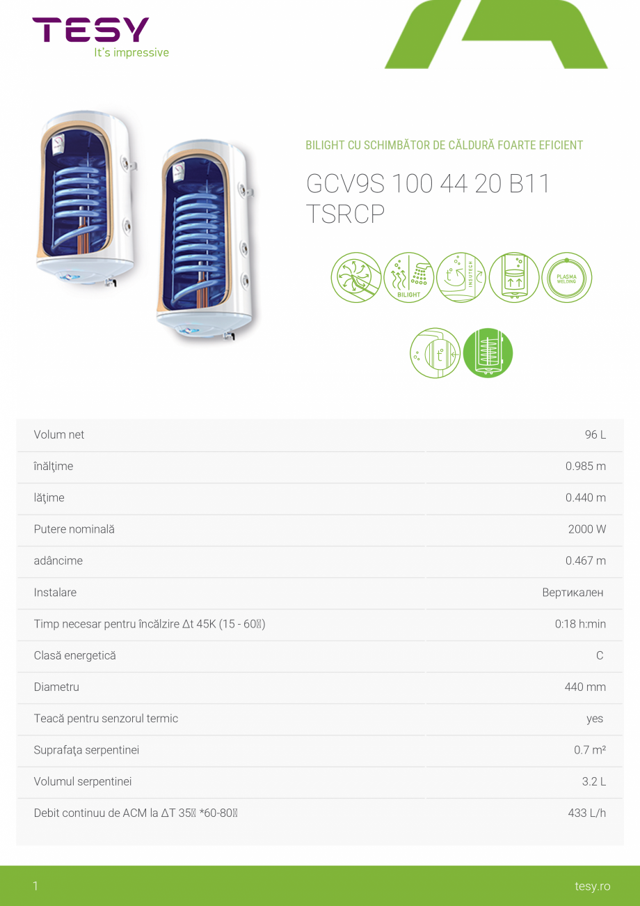 Pagina 1-Boiler electric TESY BiLight 100 S Fisa tehnica Romana BILIGHT CU SCHIMBĂTOR DE CĂLDURĂ FOARTE...