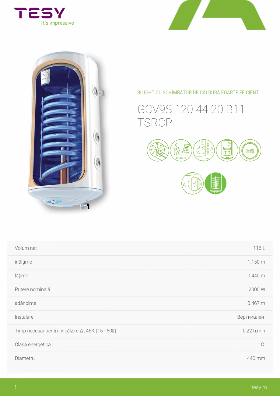 Pagina 1-Boiler electric TESY BiLight 120 S Fisa tehnica Romana BILIGHT CU SCHIMBĂTOR DE CĂLDURĂ FOARTE...