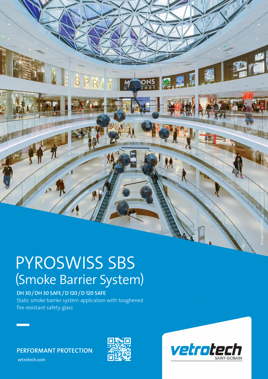 Pagina 1-Ecrane de fum din sticla VETROTECH PYROSWISS® SBS Catalog, brosura Engleza Beaugrenelle, Paris, ...