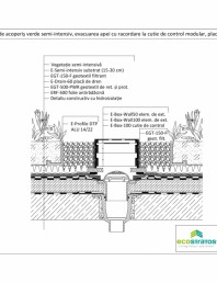 Detaliu constructiv de acoperis verde semi-intensiv, evacuarea apei cu racordare la cutie de control modular