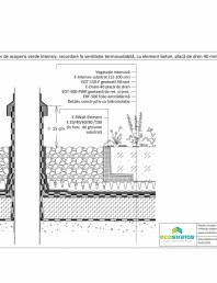 Detaliu constructiv de acoperis verde intensiv racordare la ventilatie termosudabila cu element beton placa de dren