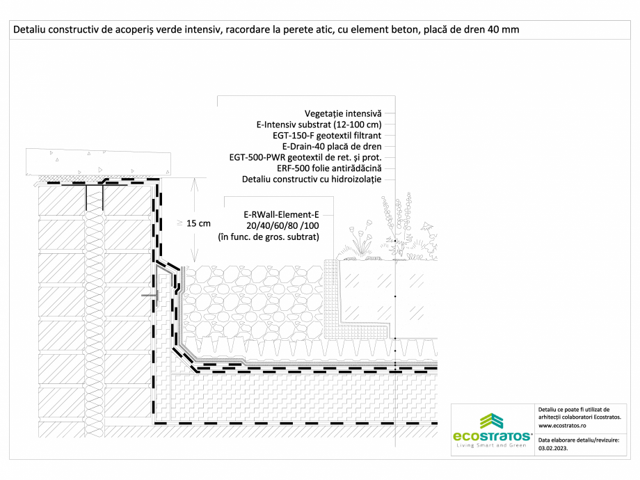 Pagina 1-CAD-DWG Detaliu constructiv de acoperis verde intensiv,racordare la perete atic, placa de dren 40 mm...