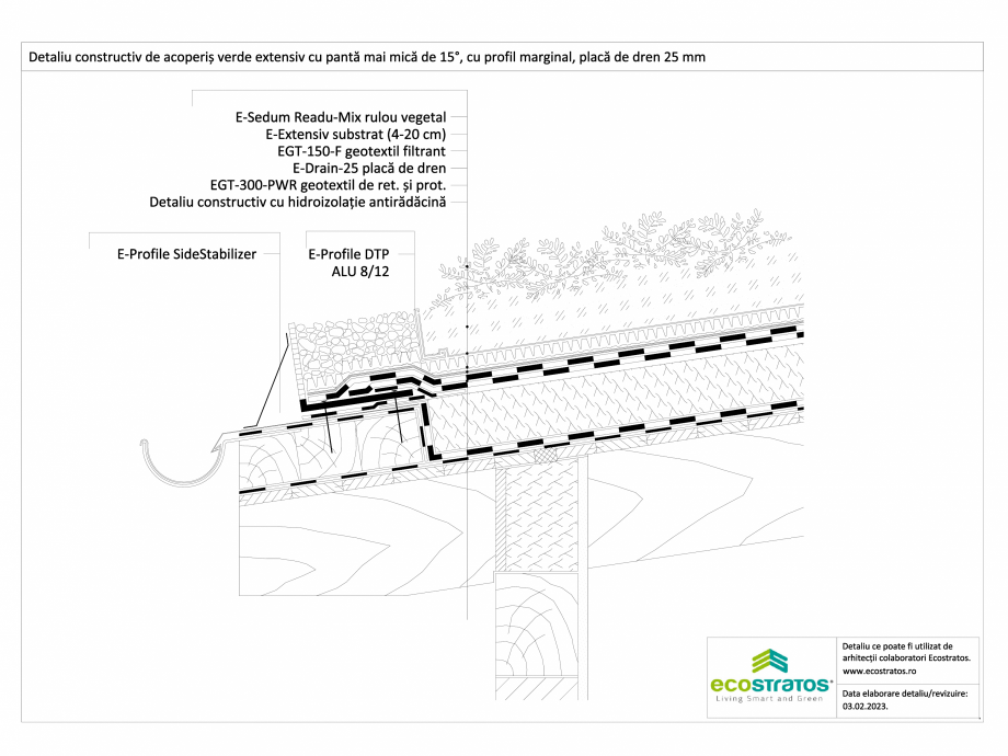 Pagina 1-CAD-DWG Detaliu constructiv de acoperis verde extensiv cu panta mai mica de 15 grade, placa de dren ...