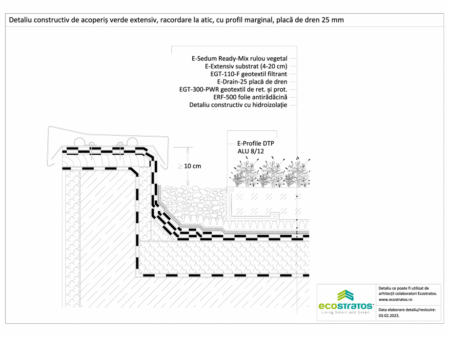 Pagina 1-CAD-DWG Detaliu constructiv de acoperis verde extensiv, racordare la atic, cu profil marginal, placa...