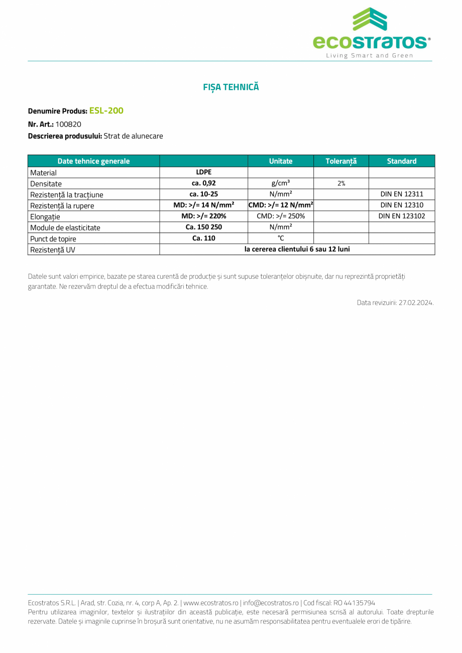 Pagina 2-Acoperis verde - ESL Strat de separatie ECOSTRATOS Fisa tehnica Romana  solid și rezistent la...