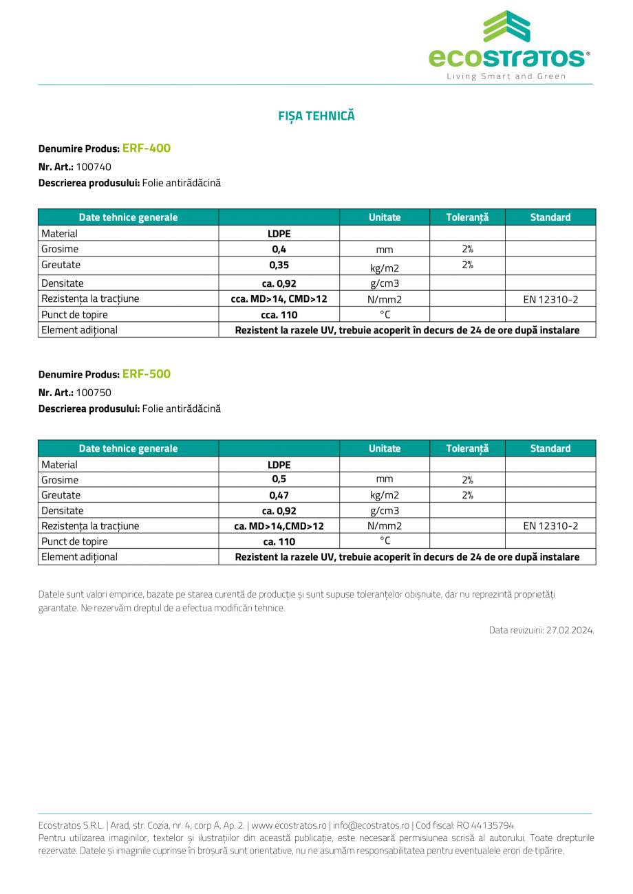 Pagina 2-Acoperis verde - ERF Folie antiradacina ECOSTRATOS Fisa tehnica Romana  hidroizolație, însă...
