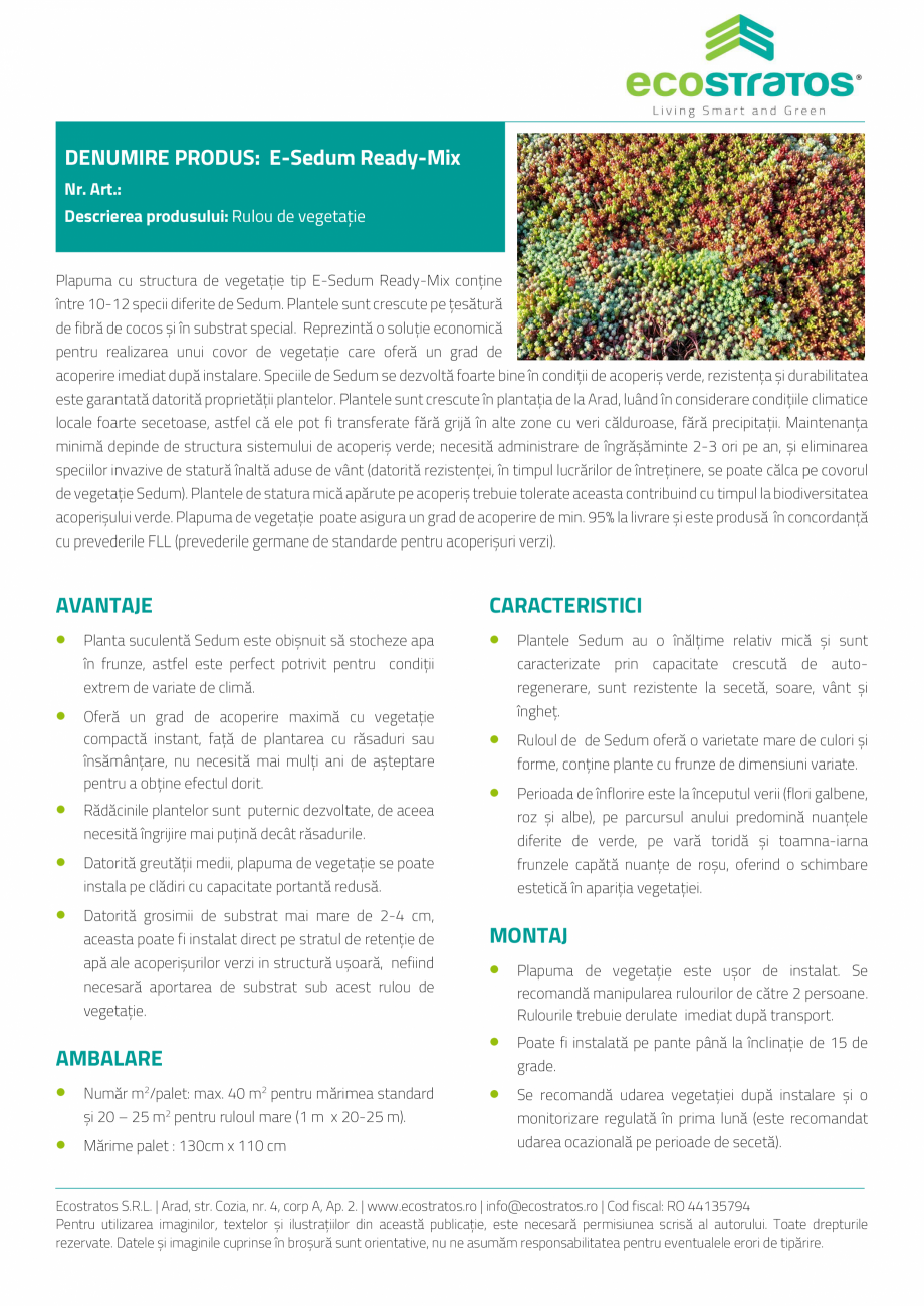 Pagina 1-Acoperis verde - E-Sedum Ready-Mix Rulou 2 ECOSTRATOS Ready Made Specificații tehnice Romana...