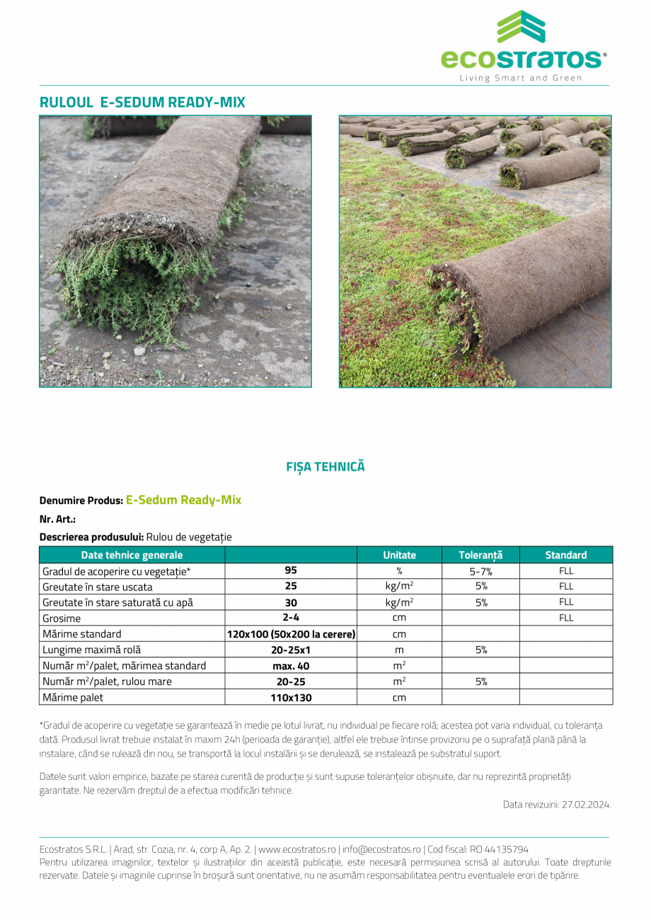 Pagina 2-Acoperis verde - E-Sedum Ready-Mix Rulou 2 ECOSTRATOS Ready Made Specificații tehnice Romana orită...