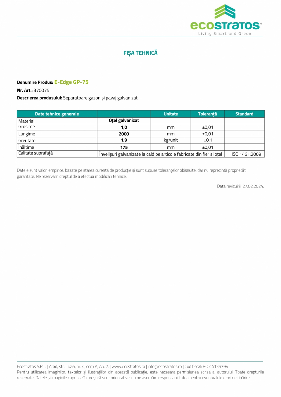 Pagina 2-Acoperis verde - E-Edge Separatoare gazon si pavaj ECOSTRATOS Fisa tehnica Romana (oțel galvanizat)...