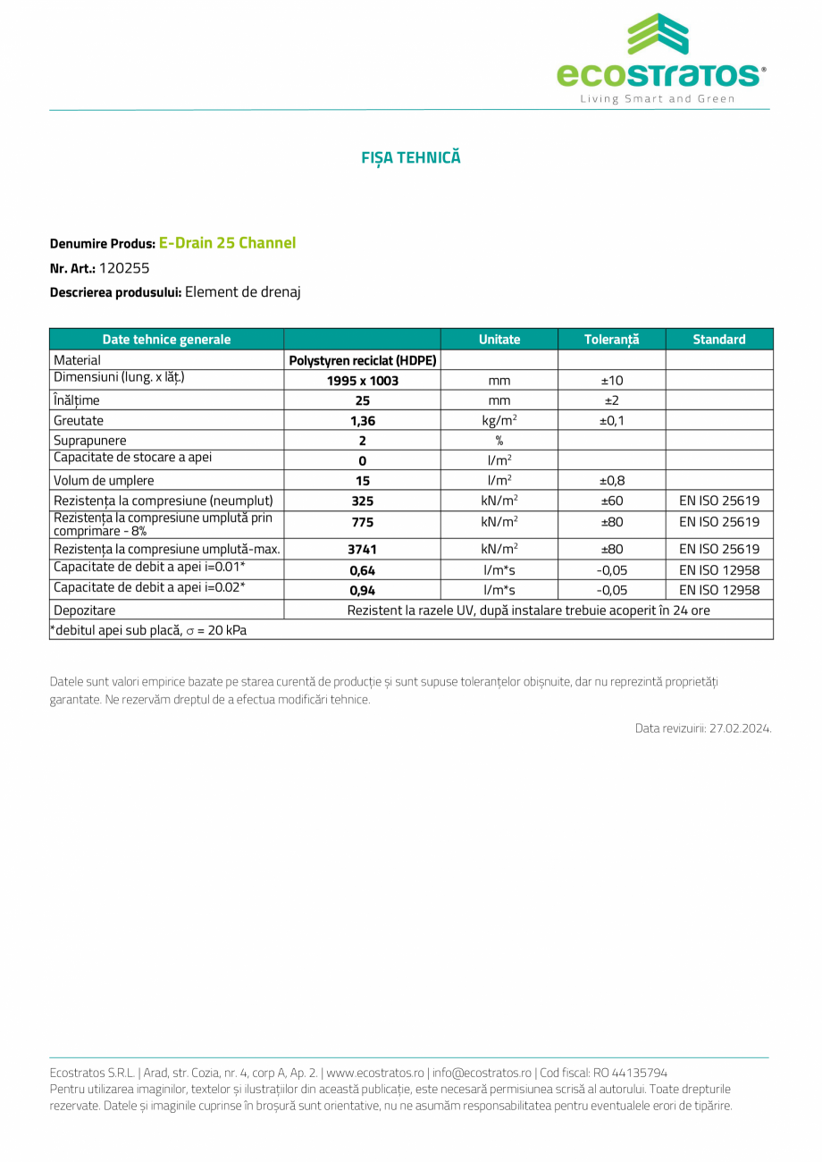 Pagina 3-E-Drain-25 Channel Placa de dren ECOSTRATOS Fisa tehnica Romana e valuri

•

● suprafață de...
