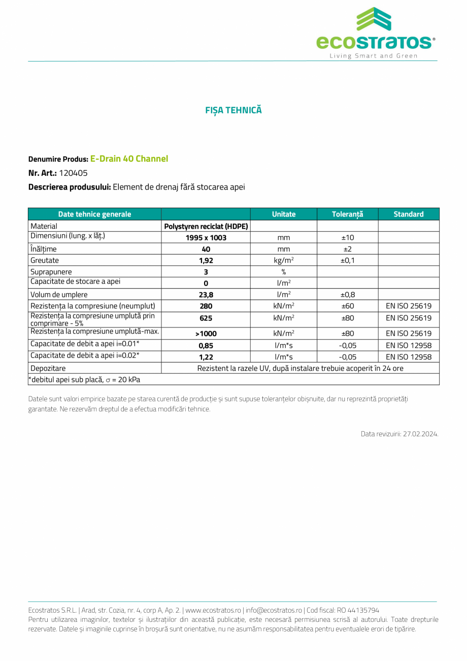 Pagina 3-E-Drain-40 Channel Placa de dren ECOSTRATOS Fisa tehnica Romana  de evacuare la

mecanică

stratul ...