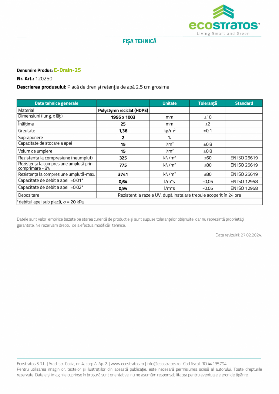 Pagina 3-E-Drain-25 Placa de dren ECOSTRATOS Fisa tehnica Romana -25 depășesc cerințele de drenaj
privind ...